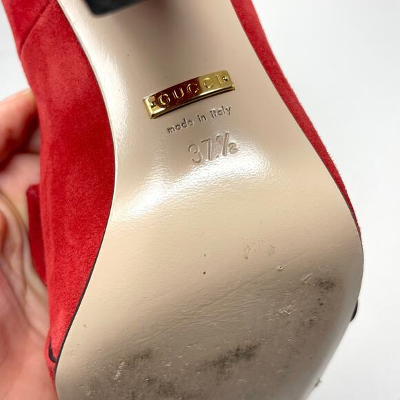 Gucci Marmont Interlocking GG Red Suede Leather Block Heel Fringe Pumps EU 37.5 - Picture 11 of 14
